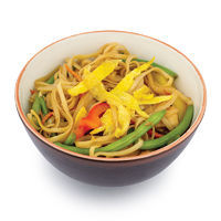 Udon noodles with chicken, egg, vegetables and champignons